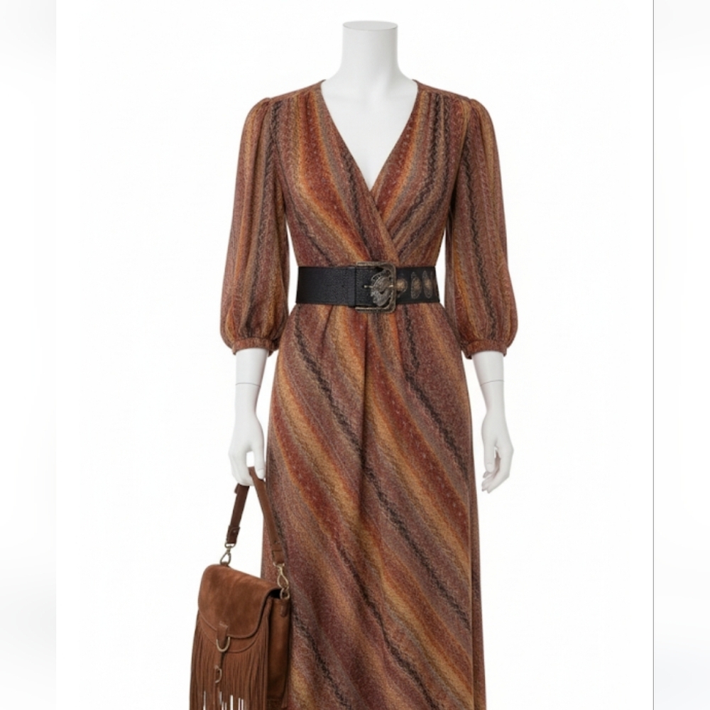 Vtg due per due brown vneck silk maxi dress size 16